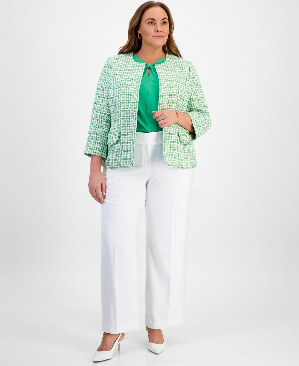 Kasper Plus Size Tweed Open-front Blazer In Spring Green Multi