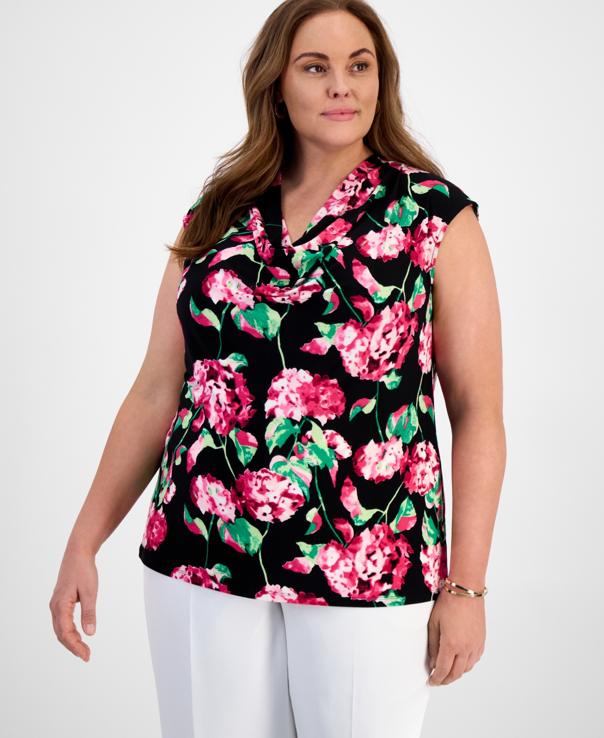 Plus Size Floral Cowlneck Cap-Sleeve Top - Black Multi
