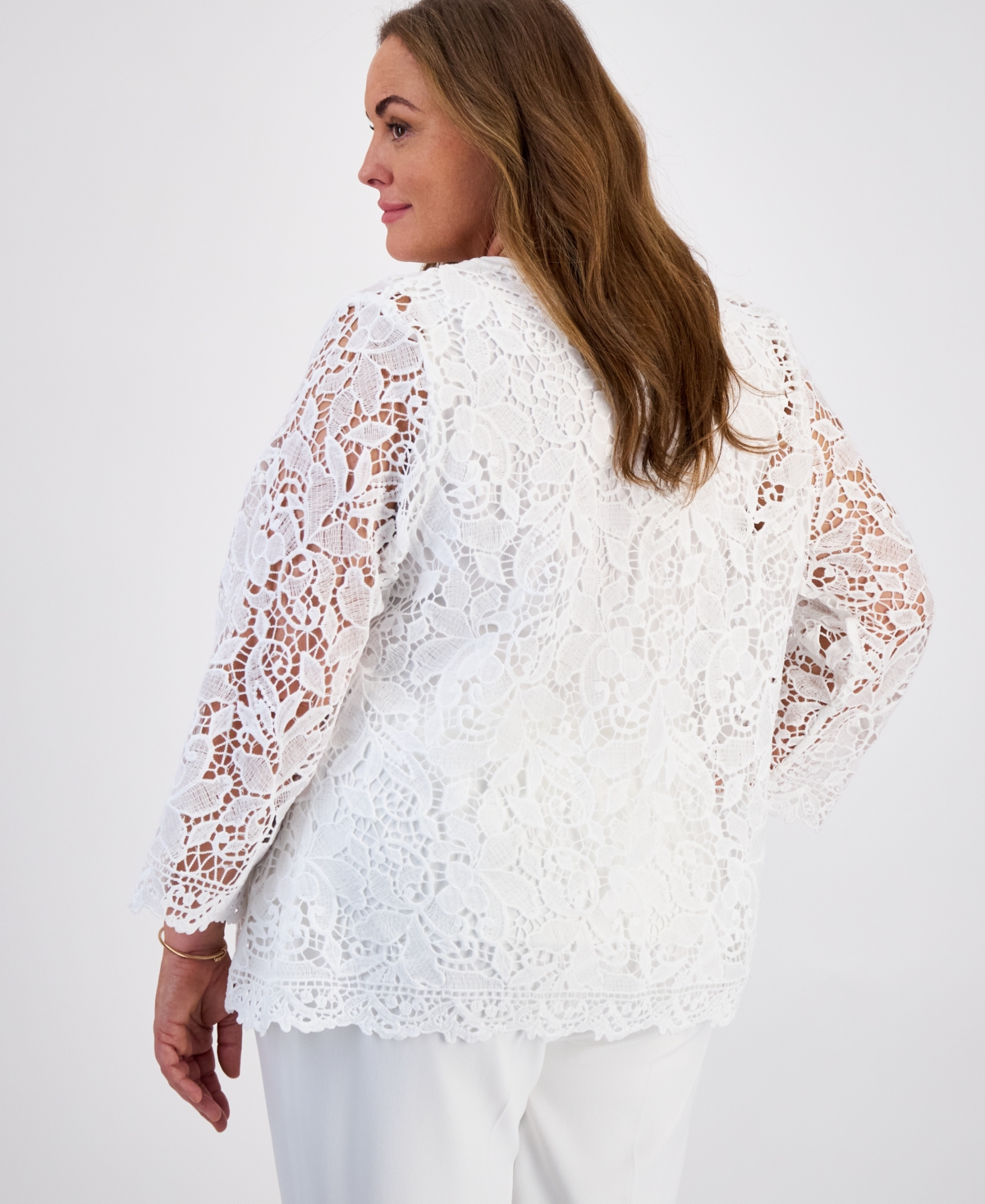 Kasper Plus Size Lace Open-front Cardigan In Lily White