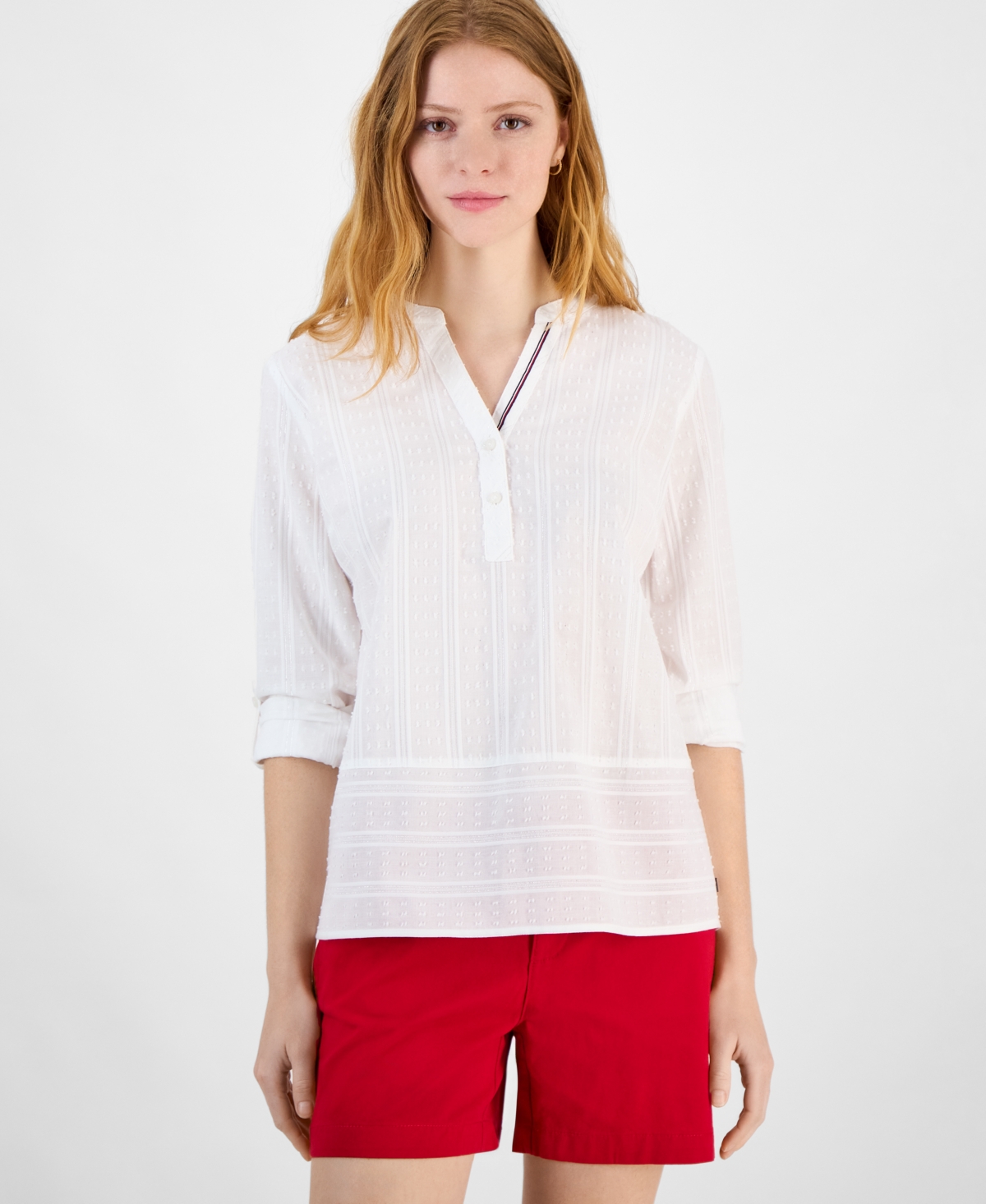 Tommy Hilfiger Women's Clip-dot Stripe Split-neck Top In Bright White