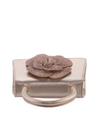 Crystal Flower Embellished Metallic Satchel Bag