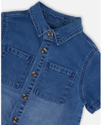 Toddler Boys Short Sleeve Button Down Shirt Dark Denim Blue - Toddler|Child