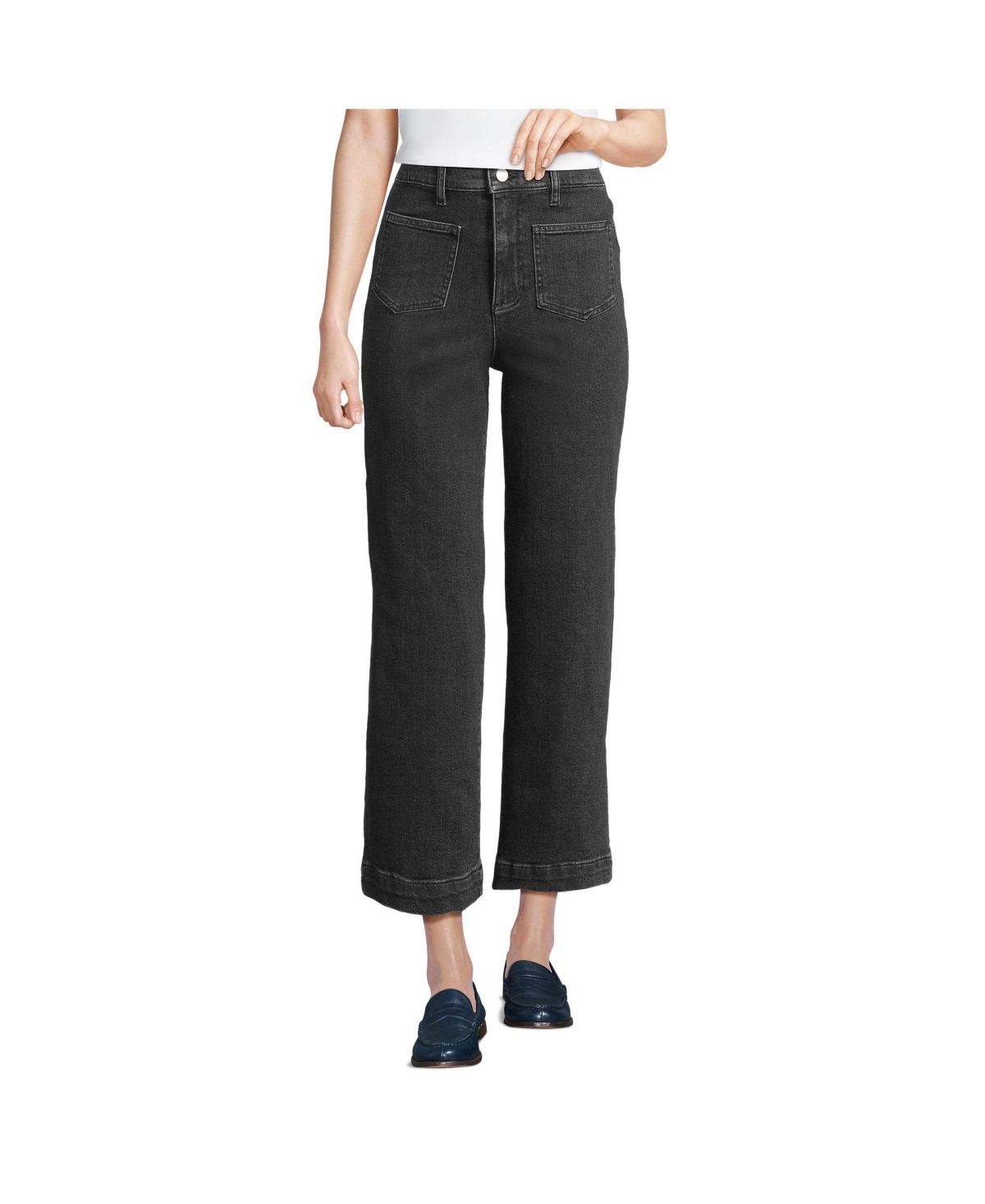 Women's Soft Denim High Rise Wide Leg Patch Pocket Crop Jeans - Black stone wash