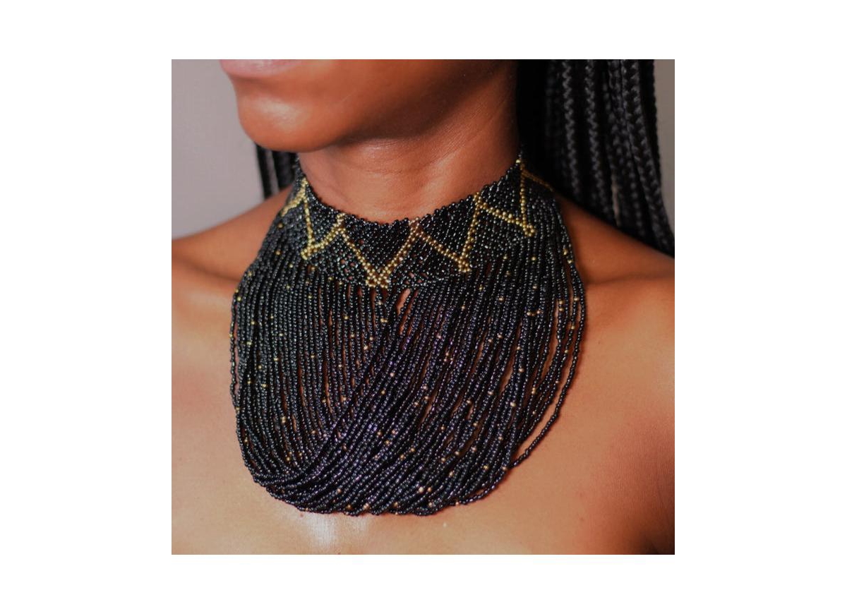 Shani Beaded Choker Necklace - Black berry