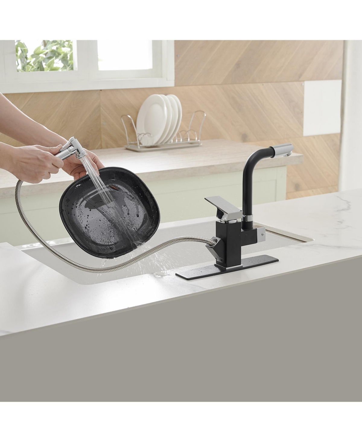 Double-Handle Pull-Out Sprayer 2 Spray Low Arc Kitchen Faucet With Deck Plate in Matte Black & Polished Chrome