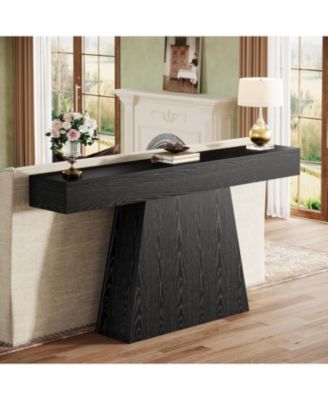 Wood 63-Inch Console Table with Trapezoidal Base for Entryway or Living Room