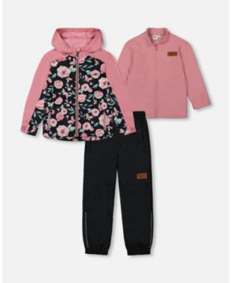 3-In-1 Mid-Season Outerwear Set With Printed Jacket Pink, Black, And Flowers 3-In-1 Mid-Season Outerwear Set With Printed Jacket Pink, Black, And Flowers