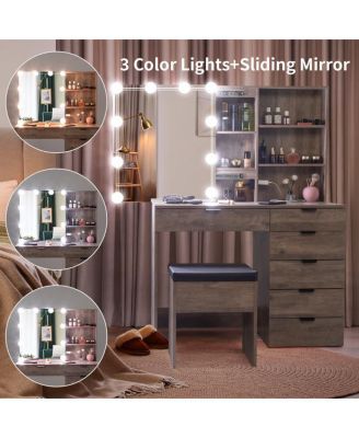 6 Drawers, 2 Shelves, 3 Light Bulbs Mirror Cabinet Dressing Table Set Elegant Vanity with Ample Storage and LED Lighting