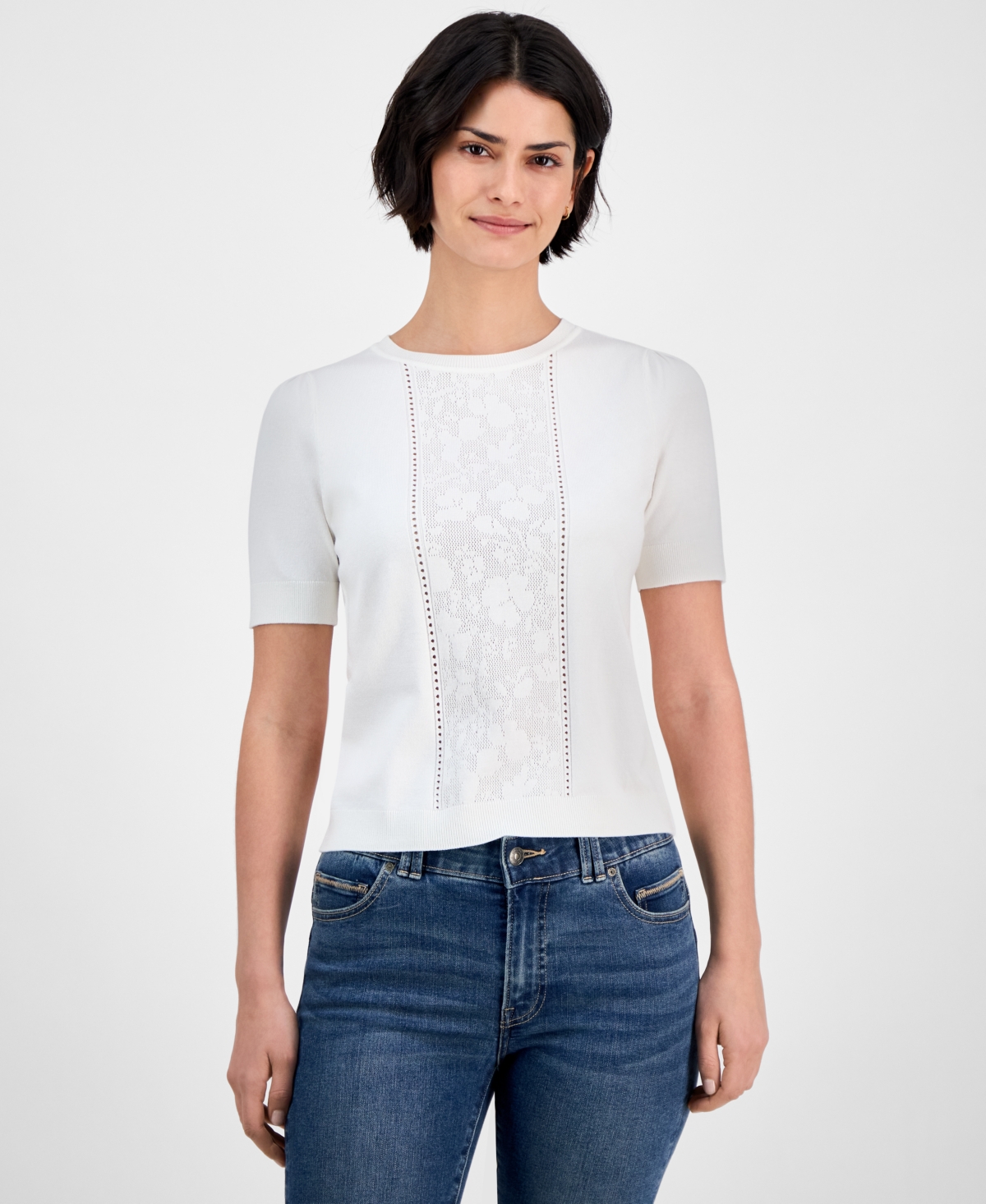 Women's Pointelle Short-Sleeve Sweater - Ivory