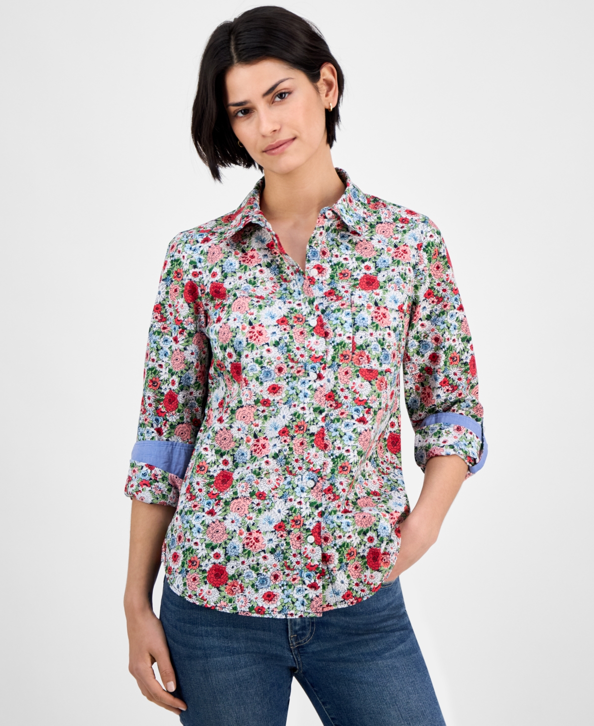 Nautica Jeans Women's Floral-print Cotton Roll-tab Shirt In Bloom Multi