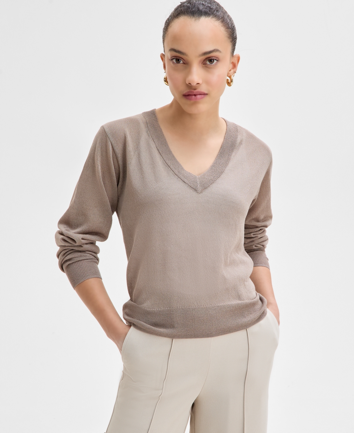 Inc International Concepts Petite V-neck Sweater, Exclusively At Macy's In Ice Mocha