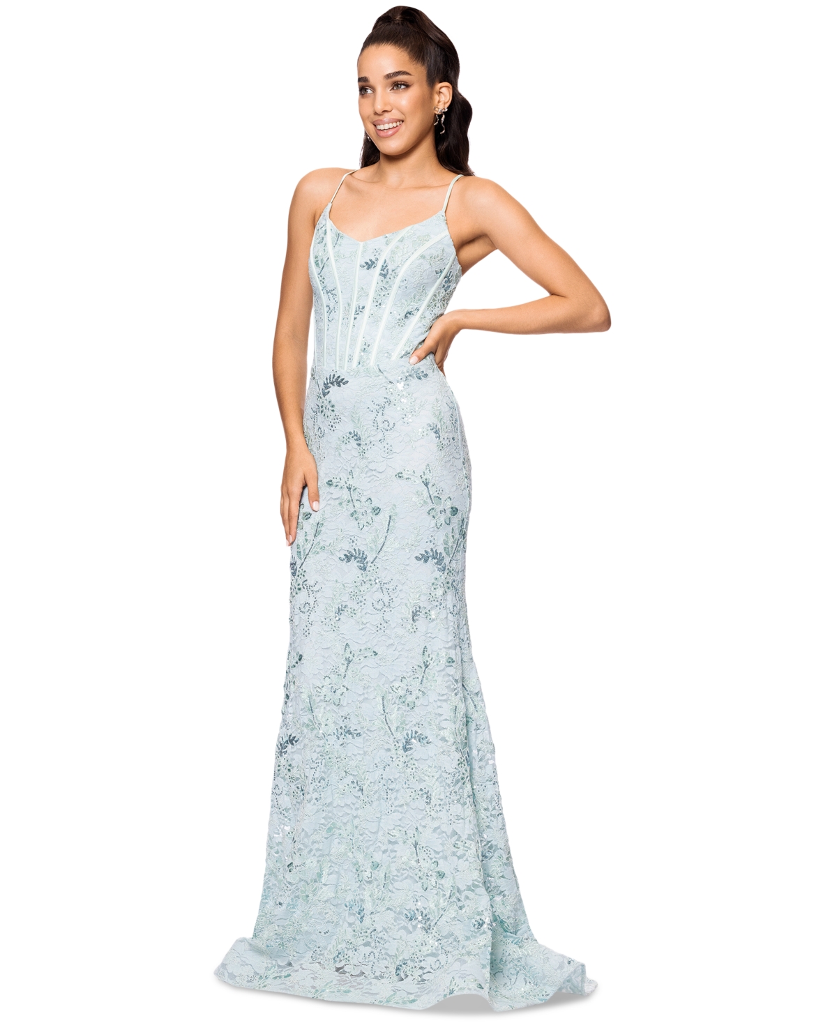 Betsy & Adam Women's Sequined Lace Corset Gown In Aqua