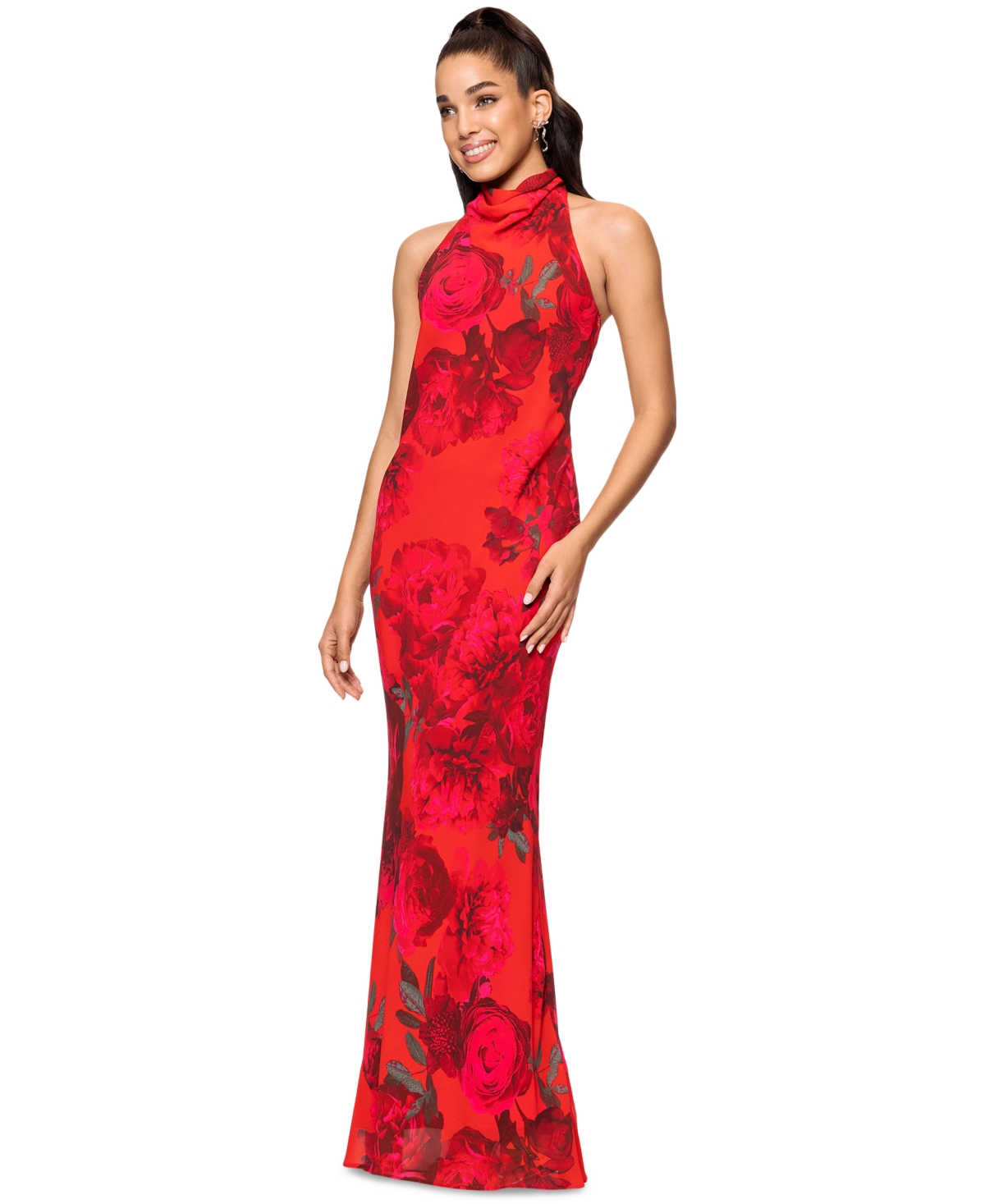 Betsy & Adam Women's Floral-print Halter Gown In Red Multi