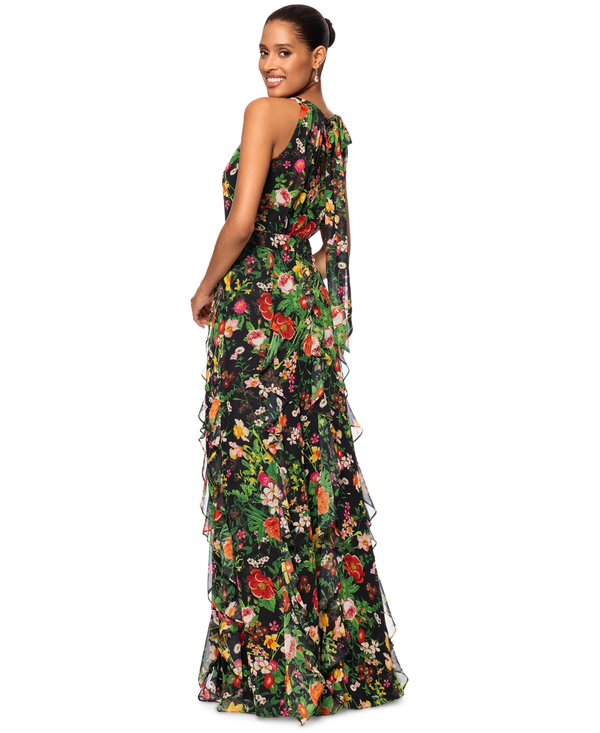 Shop Betsy & Adam Women's Floral-print Ruffled Halter Gown In Black,red