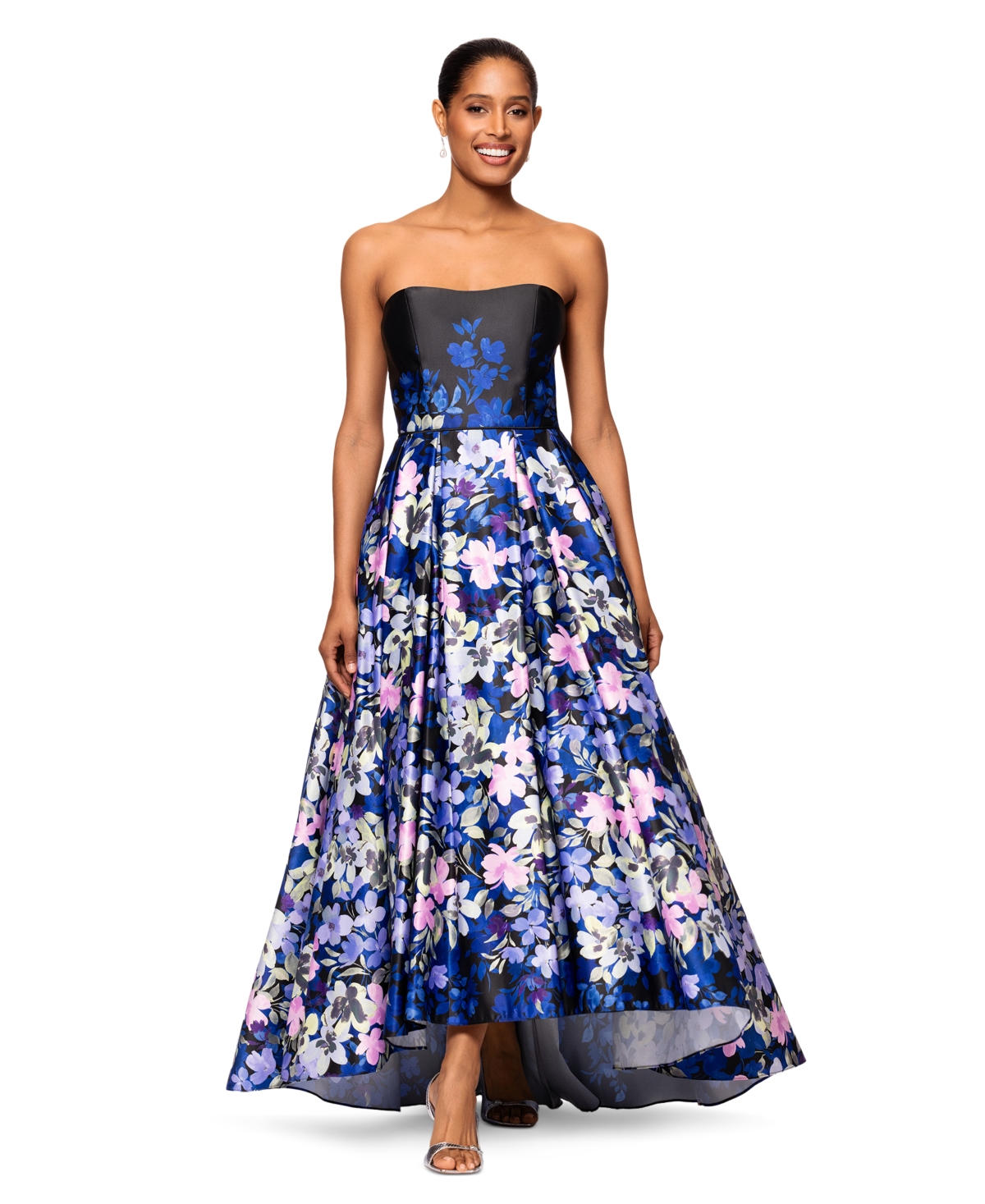 Betsy & Adam Women's Floral-print Strapless Ball Gown In Black,blue