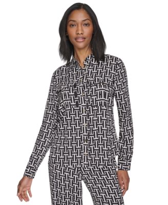 Halston - Women's Geo-Print Collared Patch-Pocket Shirt