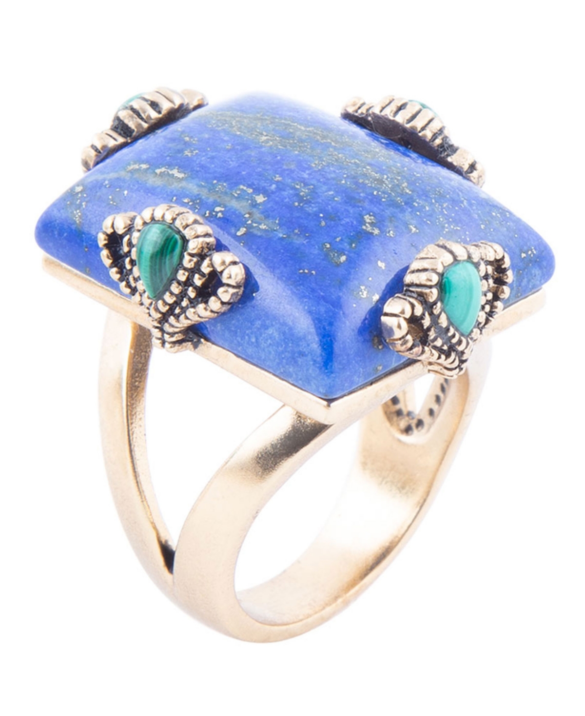 Barse Prismatic Blue Lapis And Malachite Golden Square Ring In Genuine Lapis And Malachite