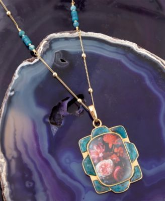 Barse Scenic Red Florals Blue Apatite Golden Pendant Necklace