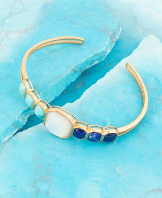 Barse Dual Color Blue Lapis Turquoise and White Mother of Pearl Golden Cuff Bracelet 33990₽