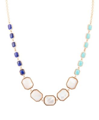 Dual Color Blue Lapis Turquoise and White Mother of Pearl Golden Octagon Necklace