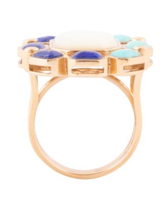 Dual Color Blue Lapis Turquoise and White Mother of Pearl Golden Octagon Ring