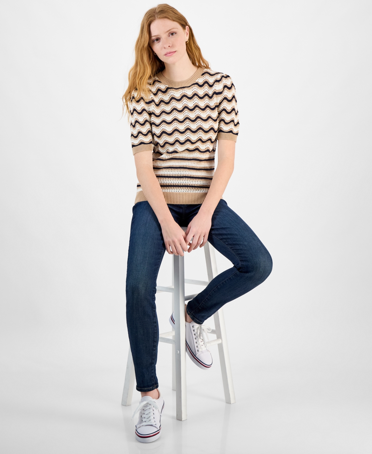 Tommy Hilfiger Women's Cotton Striped Pointelle Sweater In Sand Mutli