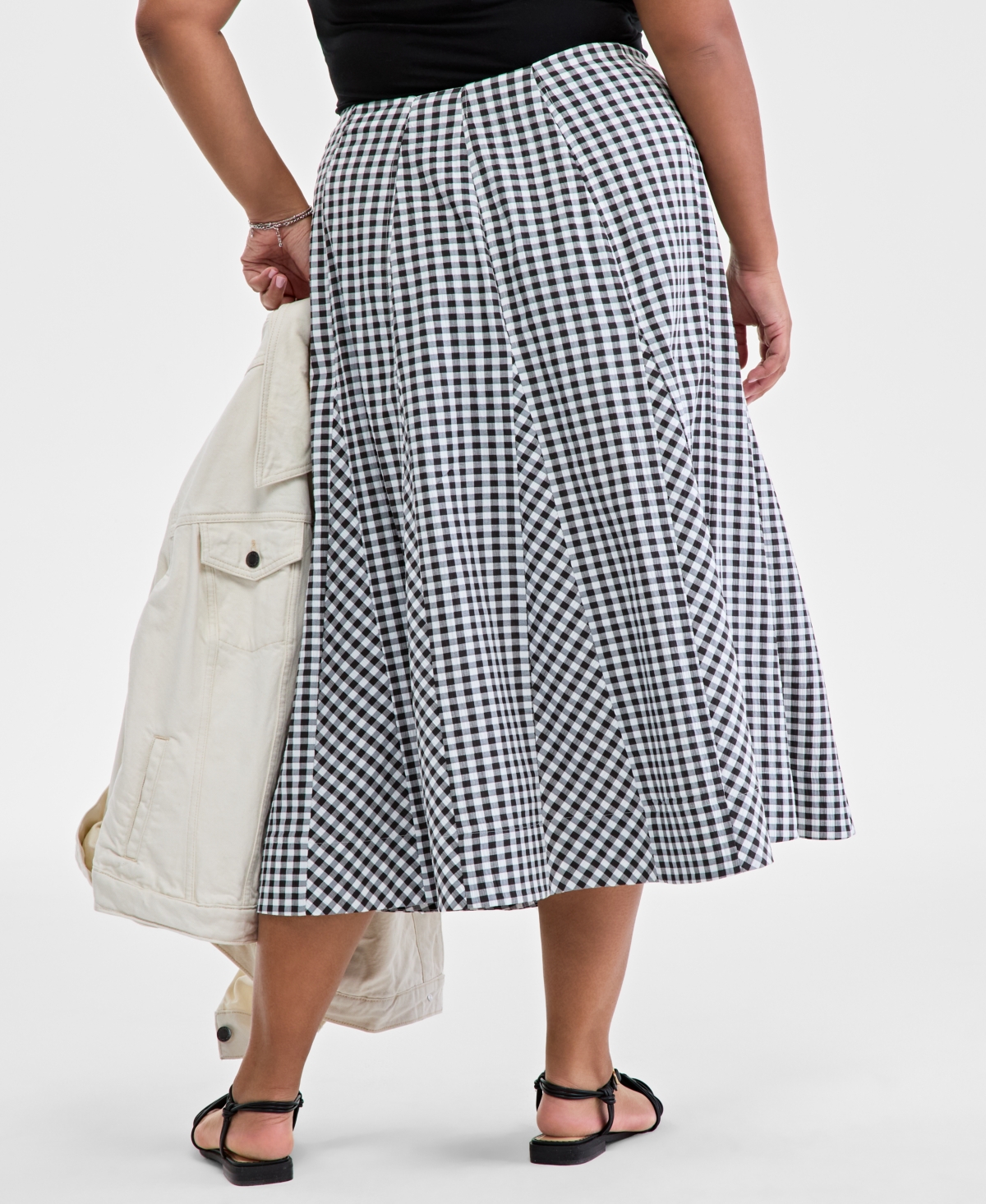 On 34th Trendy Plus Size Gingham Seersucker Midi Skirt, Exclusively At Macy's In Black,whit