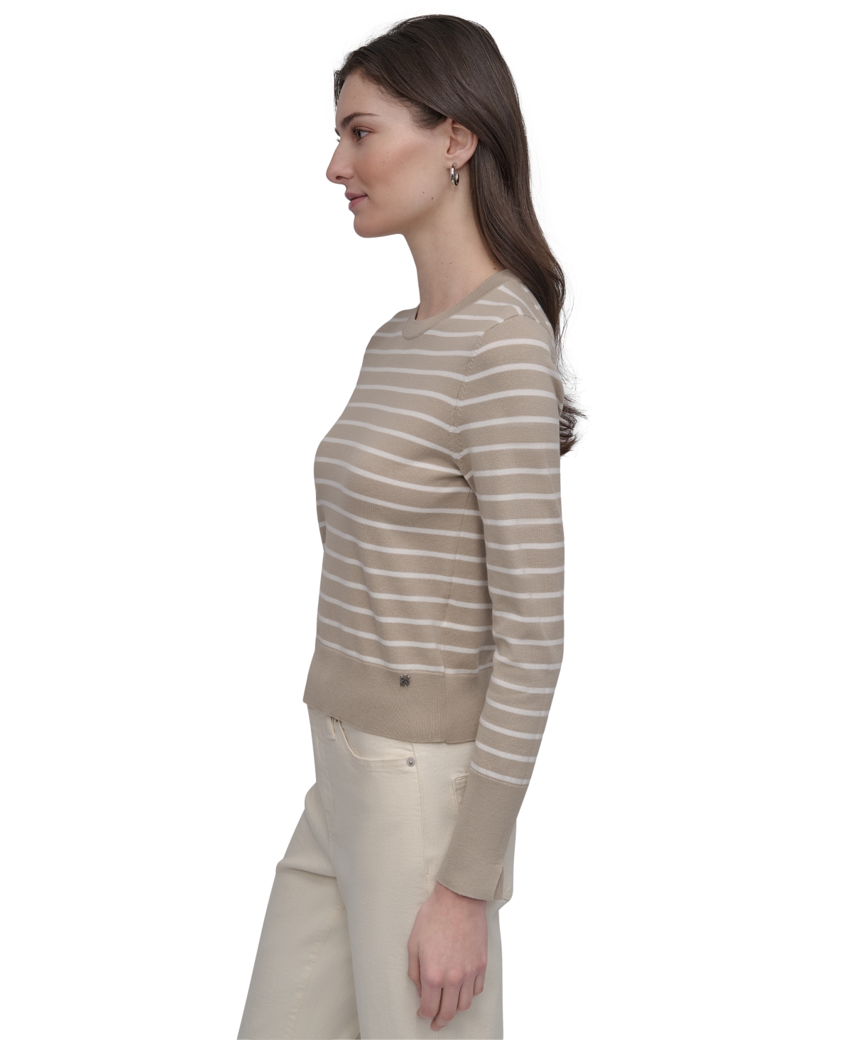 Shop Dkny Jeans Petite Striped Crewneck Sweater In Pebble,ivory