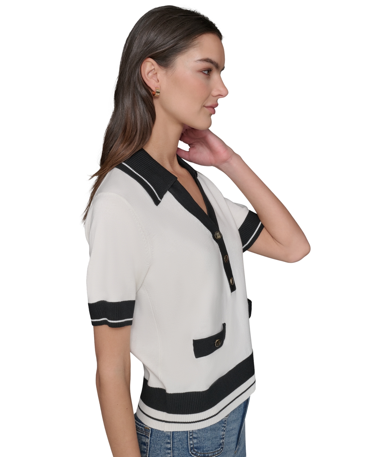 Shop Karl Lagerfeld Petite Short-sleeve Tipped Polo Sweater In Soft White,black