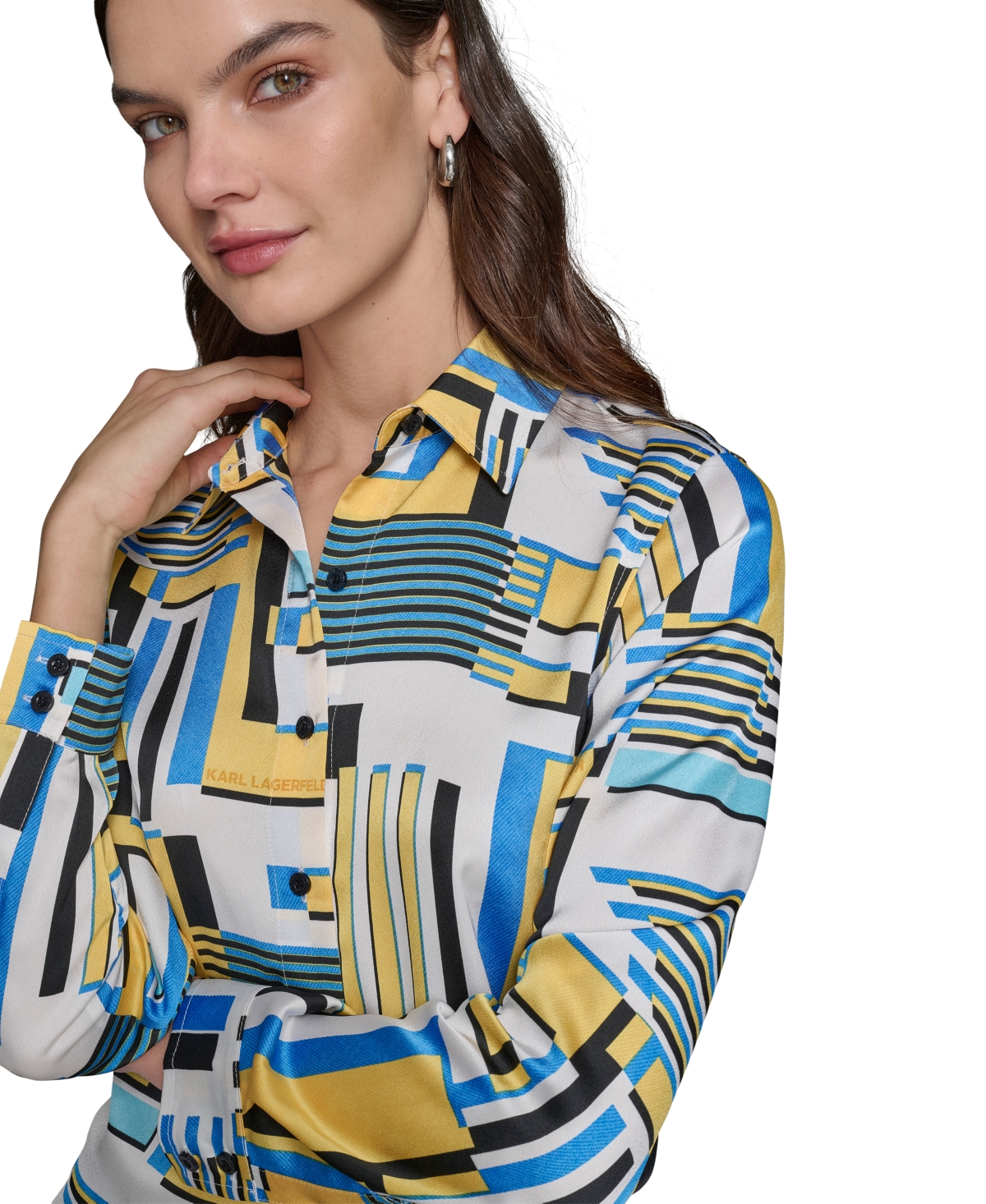 KARL LAGERFELD WOMEN'S SATIN BUTTON-FRONT PRINTED SHIRT 