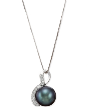image of Tahitian Black Pearl (10mm) and Diamond (1/10 ct. t.w.) Pendant Necklace in 14k White Gold
