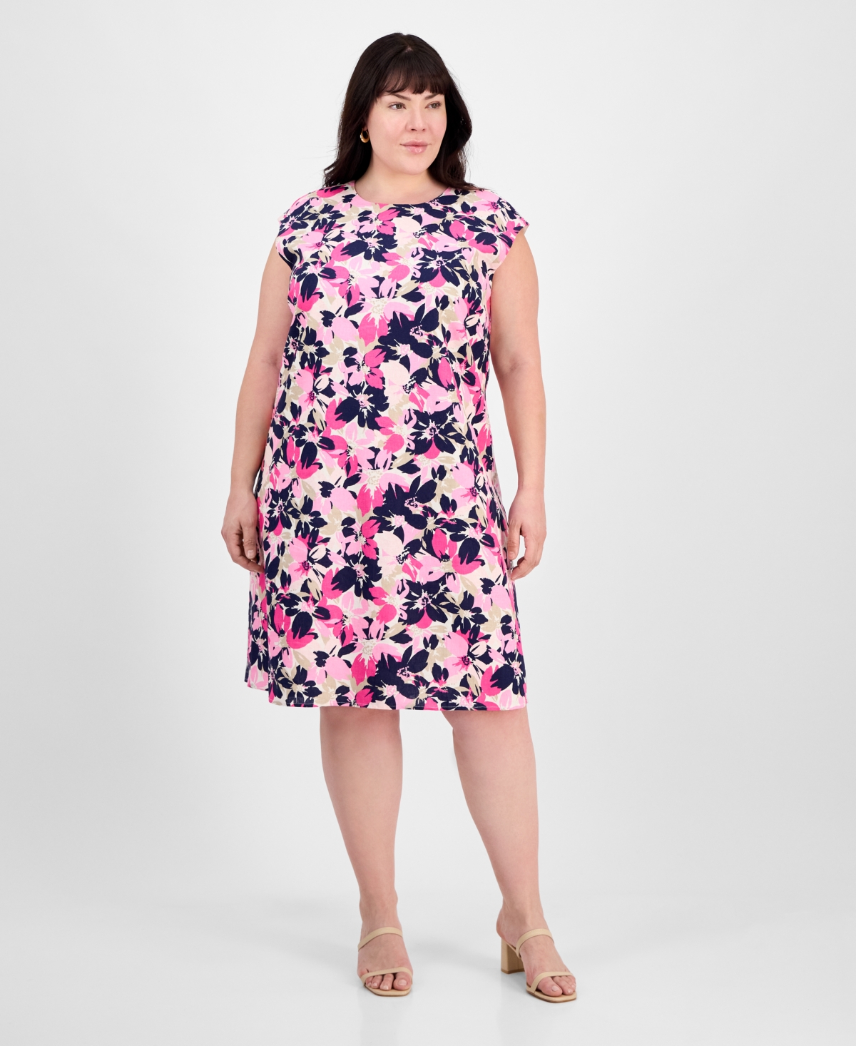 Plus Size Floral-Print Linen-Blend Swing Dress - Jones White