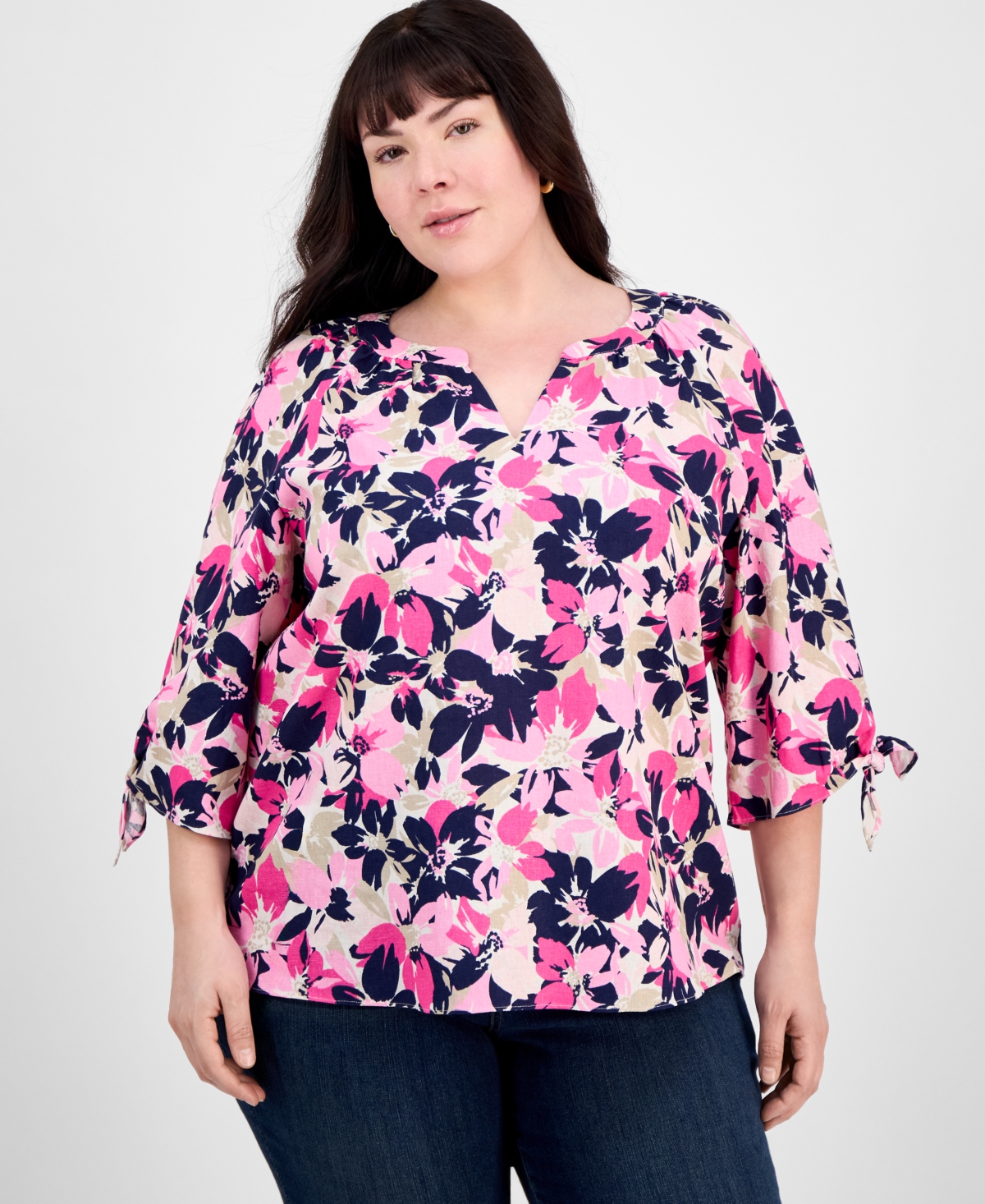 Plus Size Floral-Print Linen-Blend Blouse - Jones White