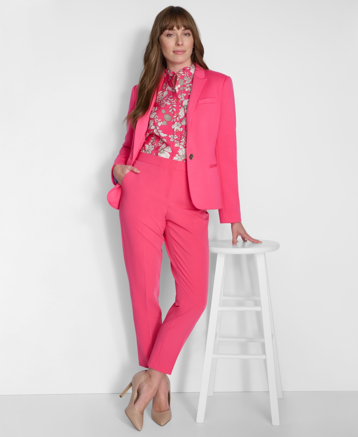 Tommy Hilfiger Womens One Button Blazer Sloane Pants Printed Puff Sleeve Blouse In Rosette