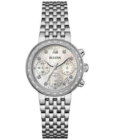 Bulova Women's Chronograph Maiden Lane Diamond Accent Stainless Steel Bracelet Watch 30mm 96R204