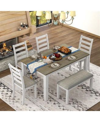 Rustic Style 6-Piece Dining Room Table Set with 4 Upholstered Chairs & a Bench