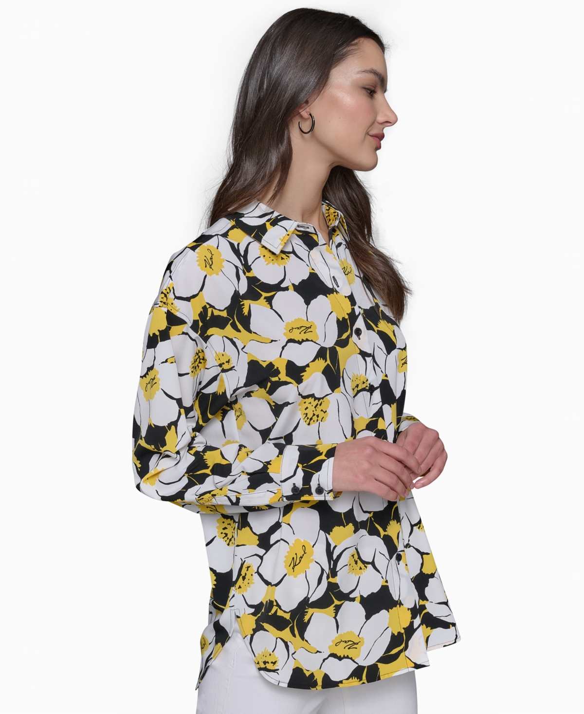 KARL LAGERFELD WOMEN'S PRINTED OVERSIZED BUTTON-FRONT TOP 