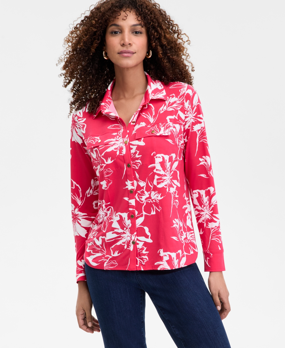 Shop Inc International Concepts Women's Printed Knit Utility Shirt, Exclusively At Macy's In Freya Bloo
