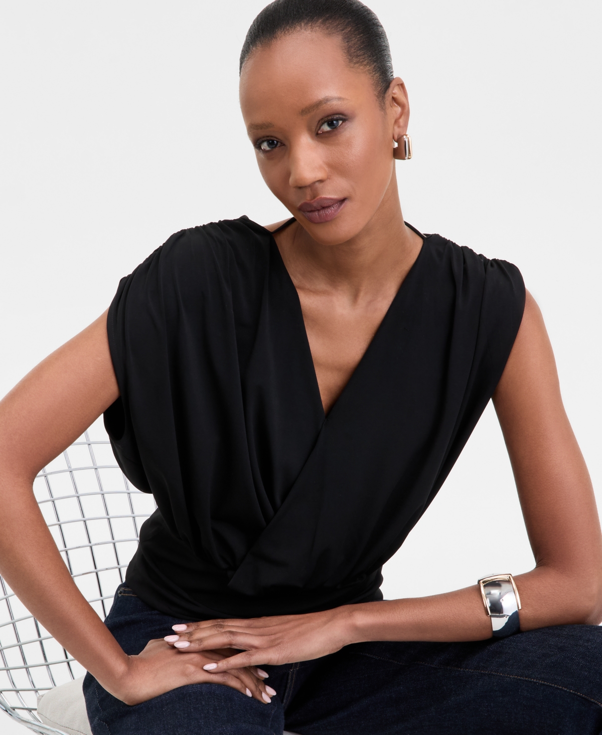 Inc International Concepts Petite Surplice-neck Sleeveless Top, Exclusively At Macy's In Deep Black