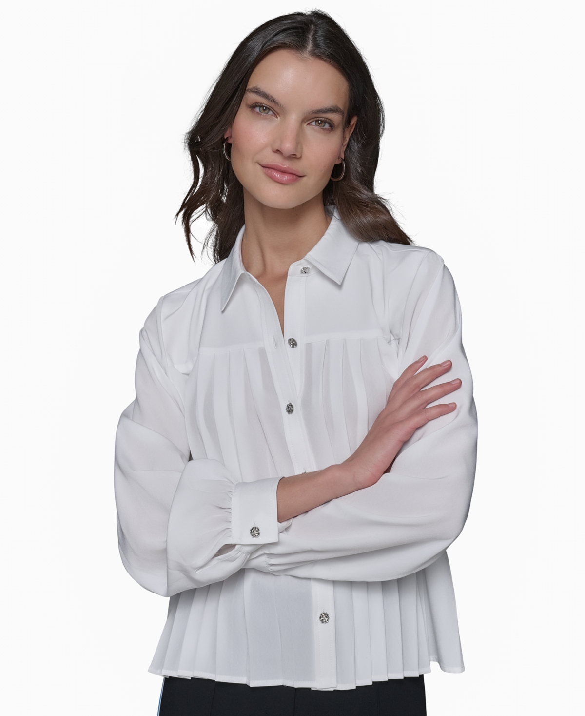 Shop Karl Lagerfeld Women's Pleated Button-front Top In Soft White