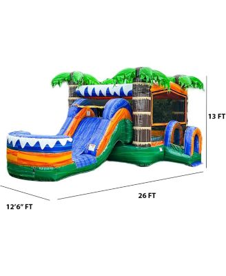 Tropical Commercial Grade Bounce House Water Slide with Splash Pool for Kids and Adults (with Blower), 15oz PVC Vinyl, Basketball Hoop, Wet Dry Combo, Outdoor Indoor, Big Inflatable