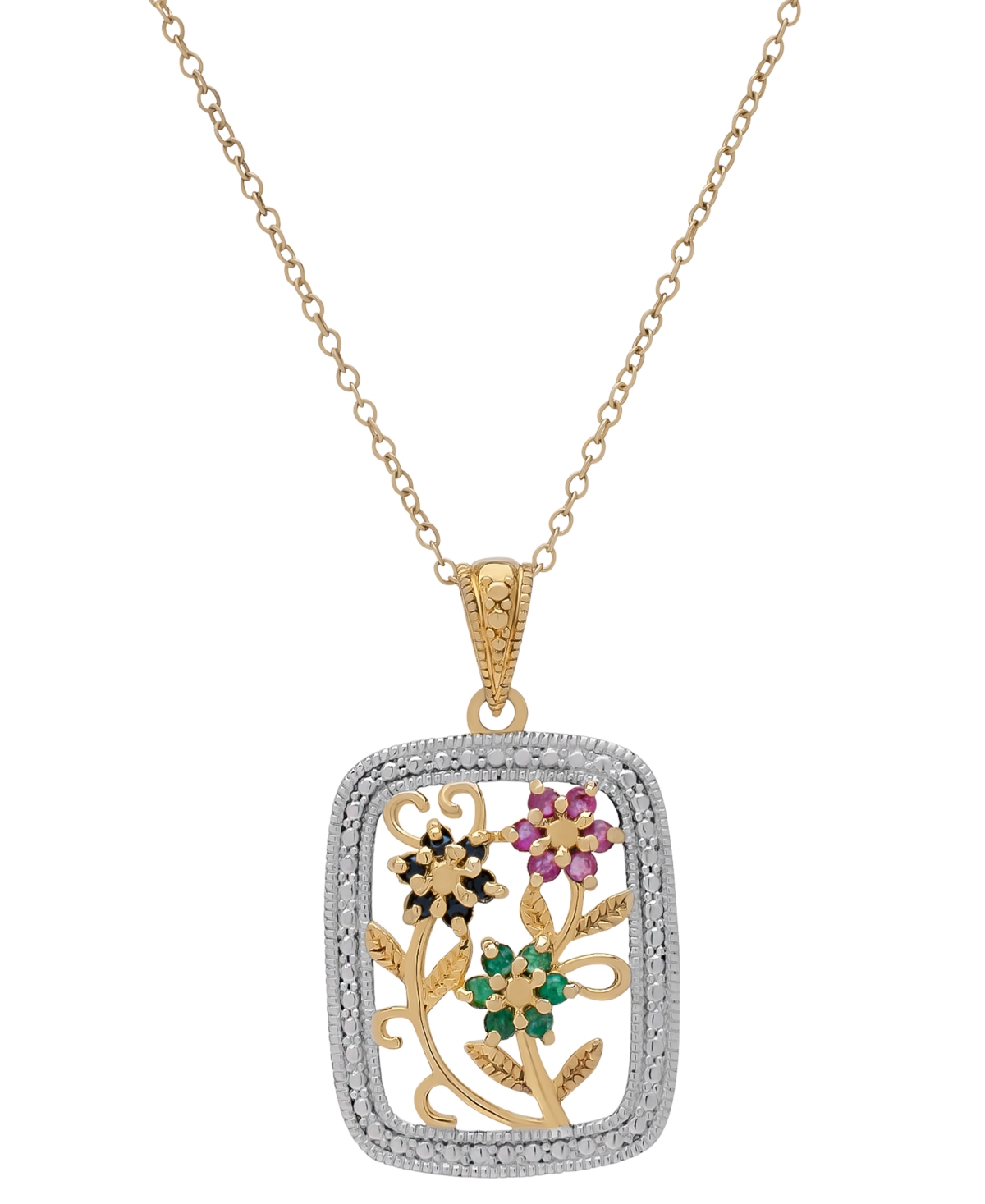 MACY'S MULTI-GEMSTONE TRIPLE FLOWER 18" PENDANT NECKLACE (3/8 CT. T.W.) IN TWO-TONE STERLING SILVER 