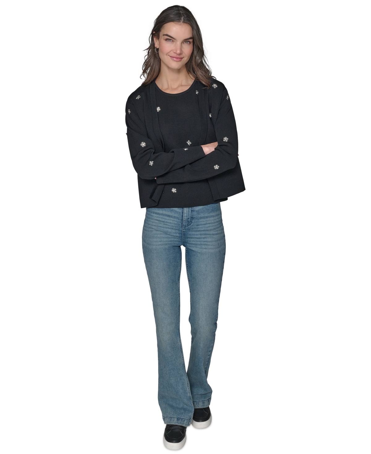 Shop Karl Lagerfeld Women's Floral-rhinestone Cardigan In Black