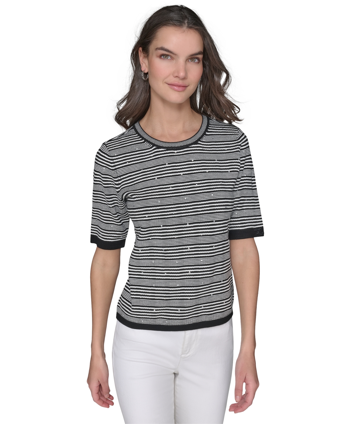Shop Karl Lagerfeld Women's Embellished Stripe Short-sleeve Sweater In Black  White