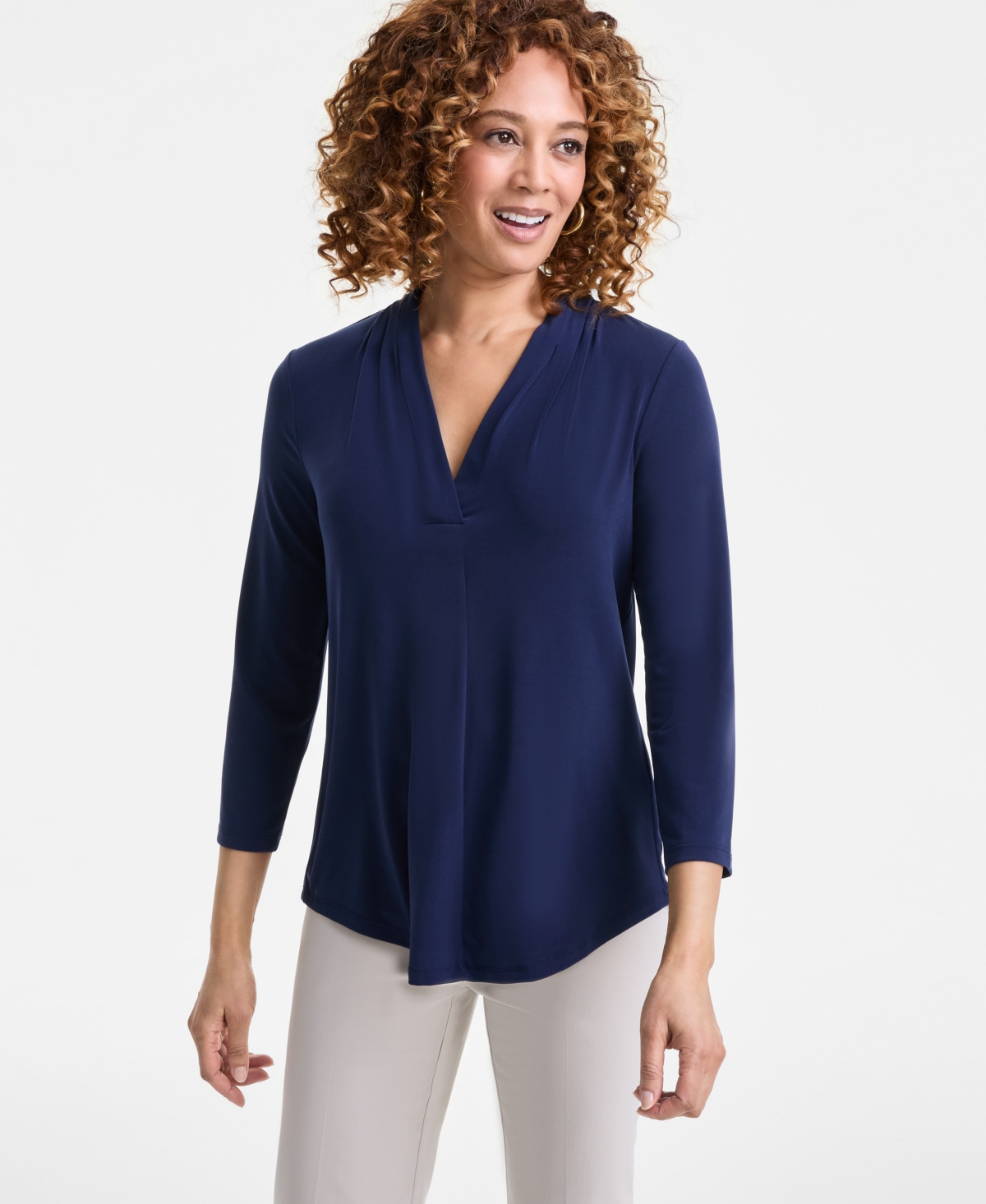 Women's Print & Solid 3/4 Sleeve V-Neck Knit Top, Created for Macy's - Floral White Combo