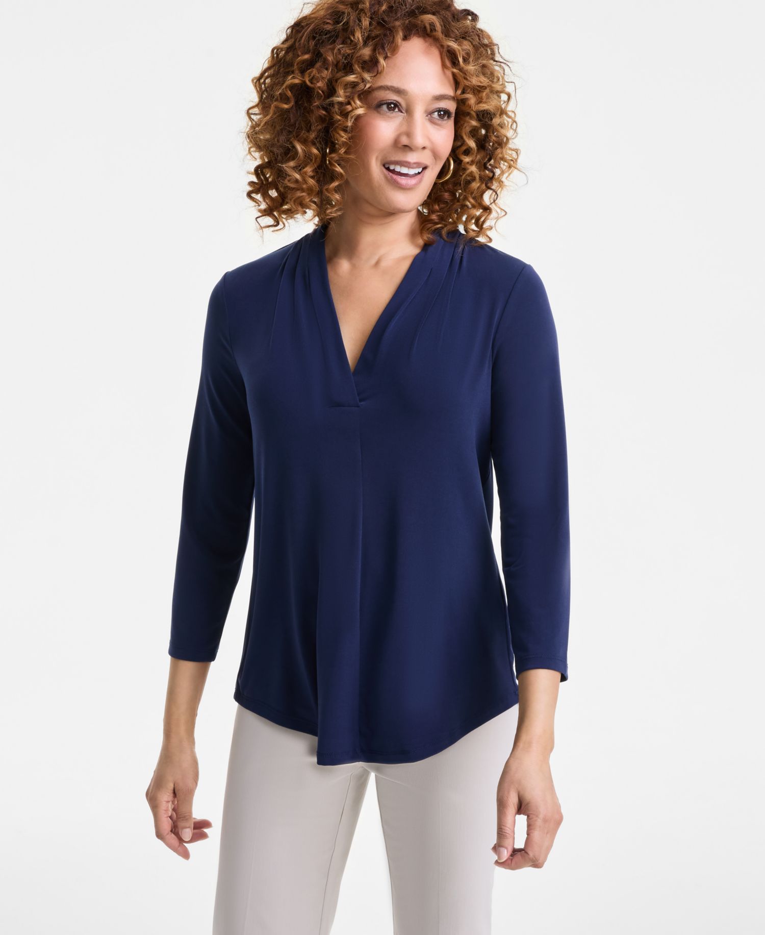 Plus Size Solid V-Neck 3/4-Sleeve Top
