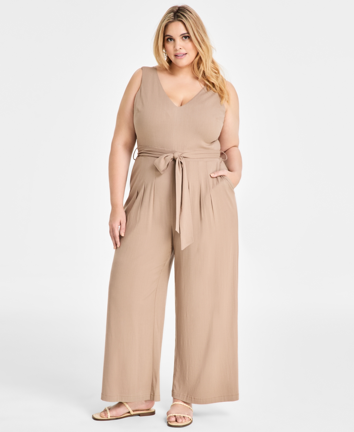 Bar Iii Plus Size Sleeveless Wide-leg Jumpsuit, Exclusively At Macy's In Warm Ginger