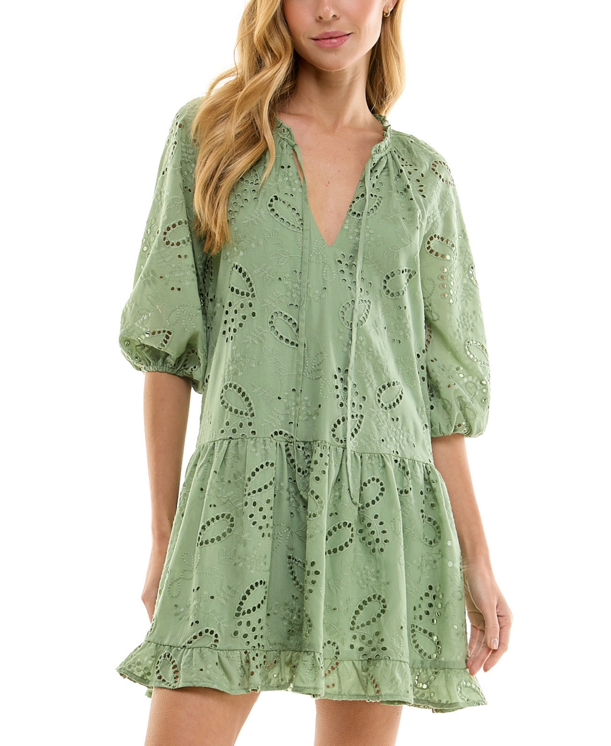 Juniors' Eyelet Embroidered Blouson-Sleeve Shift Dress - Green