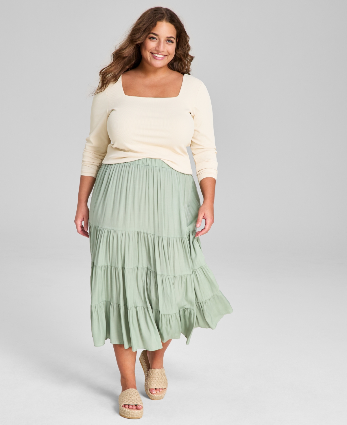 AND NOW THIS PLUS SIZE PULL-ON TIERED MIDI SKIRT 