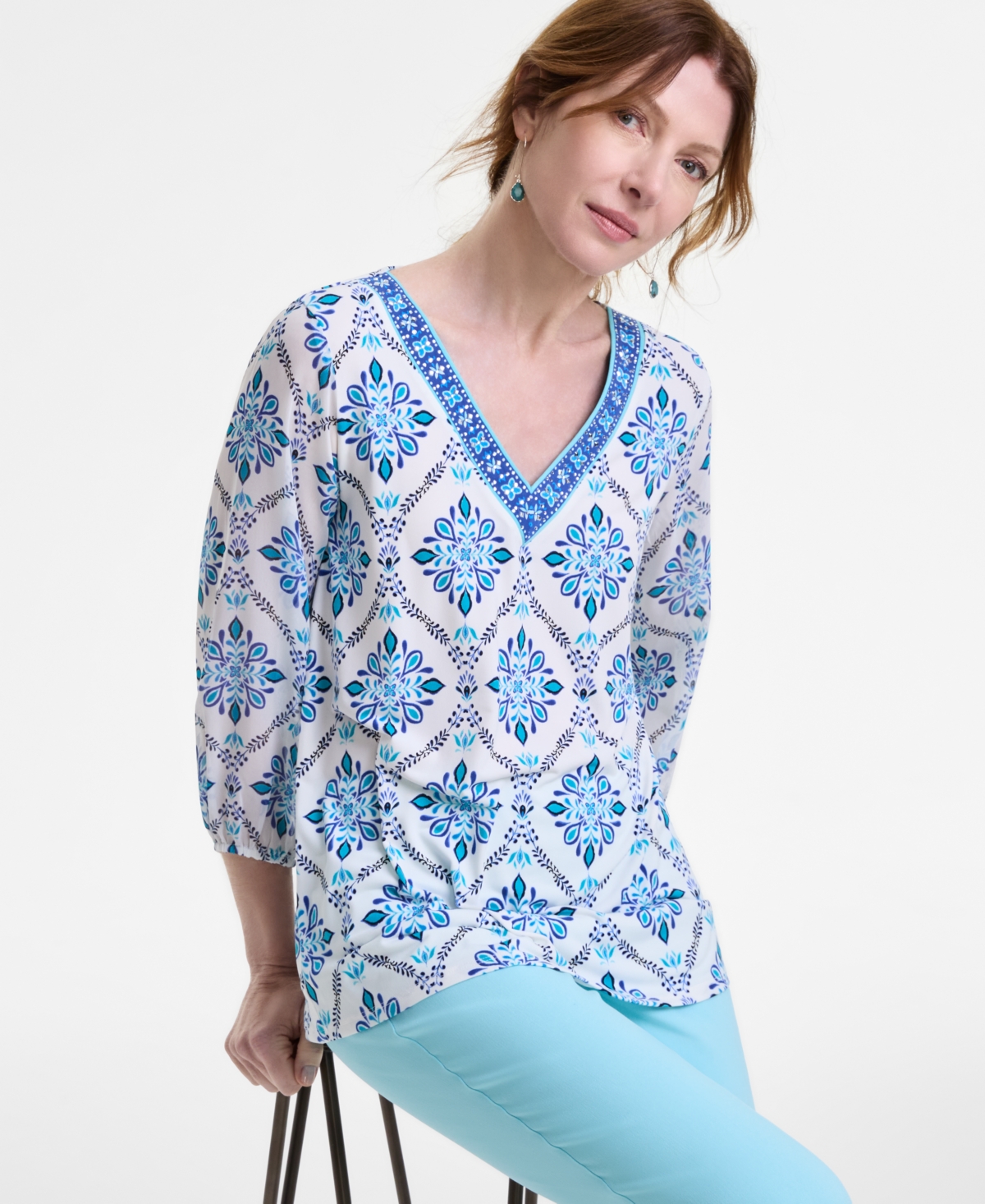 Jm Collection Women's Embellished V-neck 3/4-sleeve Top, Exclusively At Macy's In Neo Natural